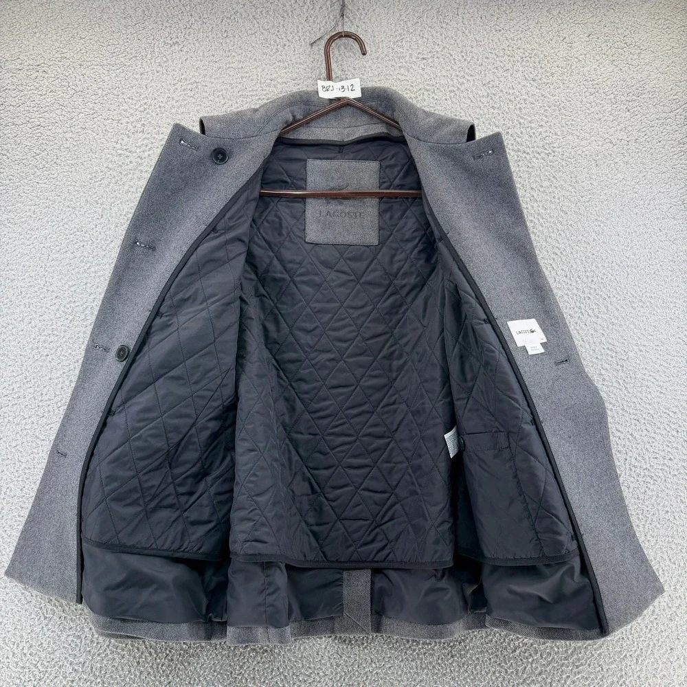 Lacoste Women Gray Double Breasted Pea Coat Jacket Size 40 Wool Blend Bib Collar